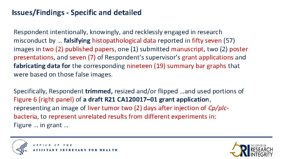 Issues/Findings - Specific and detailed Respondent intentionally, knowingly, and recklessly engaged in research misconduct
