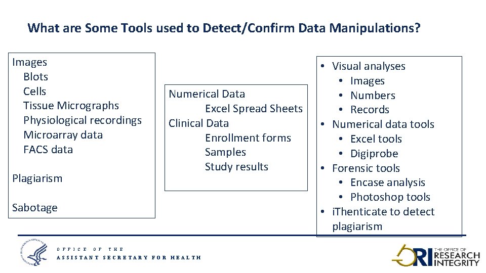 What are Some Tools used to Detect/Confirm Data Manipulations? Images • • Types of