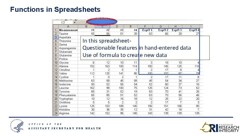 Functions in Spreadsheets In this spreadsheet- Questionable features in hand-entered data Use of formula