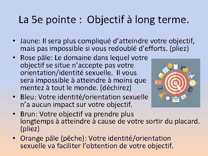 La 5 e pointe : Objectif à long terme. • Jaune: Il sera plus