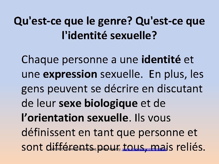 Qu'est-ce que le genre? Qu'est-ce que l'identité sexuelle? Chaque personne a une identité et