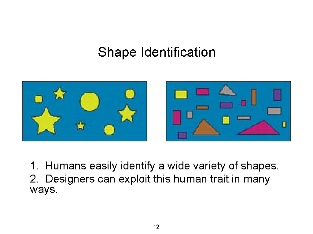 Shape Identification 1. Humans easily identify a wide variety of shapes. 2. Designers can