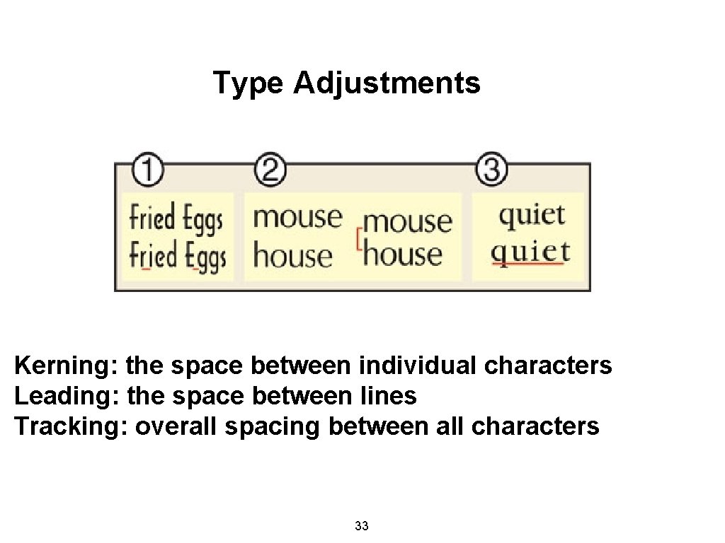 Type Adjustments Kerning: the space between individual characters Leading: the space between lines Tracking: