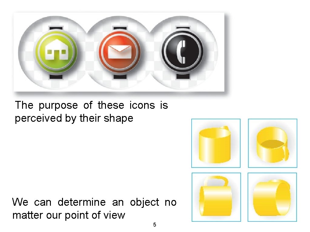 The purpose of these icons is perceived by their shape We can determine an