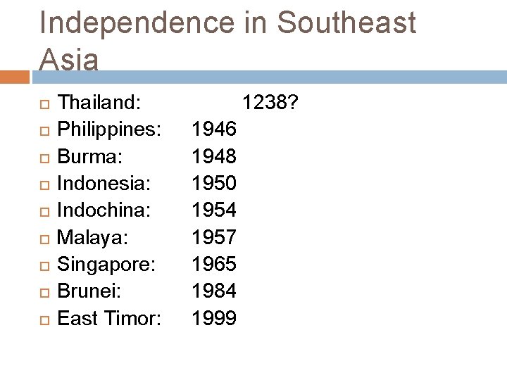 Independence in Southeast Asia Thailand: Philippines: Burma: Indonesia: Indochina: Malaya: Singapore: Brunei: East Timor: