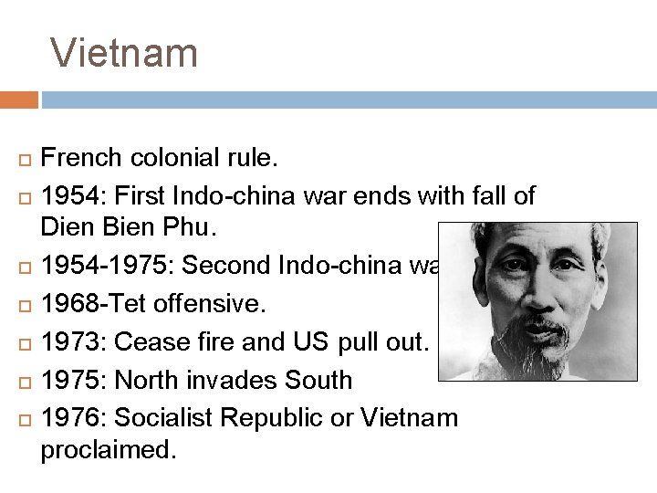 Vietnam French colonial rule. 1954: First Indo-china war ends with fall of Dien Bien