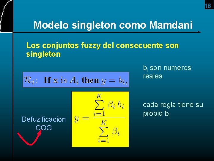 16 Modelo singleton como Mamdani Los conjuntos fuzzy del consecuente son singleton bi son