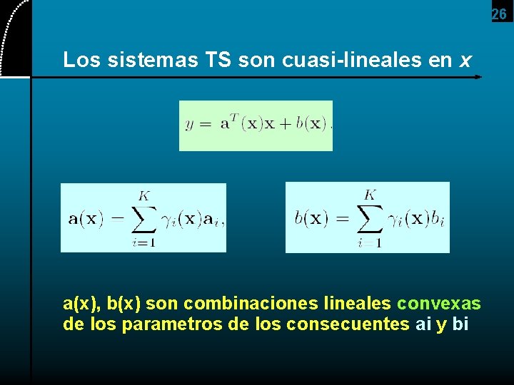 26 Los sistemas TS son cuasi-lineales en x a(x), b(x) son combinaciones lineales convexas