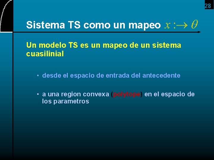 28 Sistema TS como un mapeo Un modelo TS es un mapeo de un