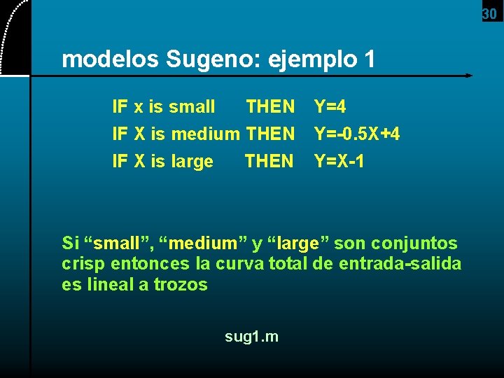 30 modelos Sugeno: ejemplo 1 IF x is small THEN Y=4 IF X is