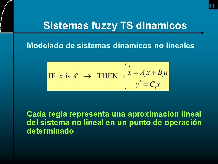 41 Sistemas fuzzy TS dinamicos Modelado de sistemas dinamicos no lineales Cada regla representa