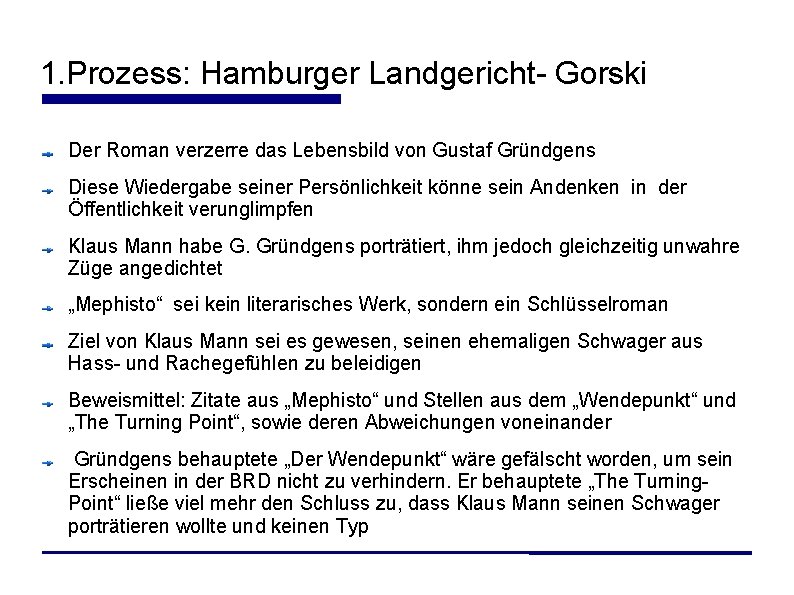 1. Prozess: Hamburger Landgericht- Gorski Der Roman verzerre das Lebensbild von Gustaf Gründgens Diese