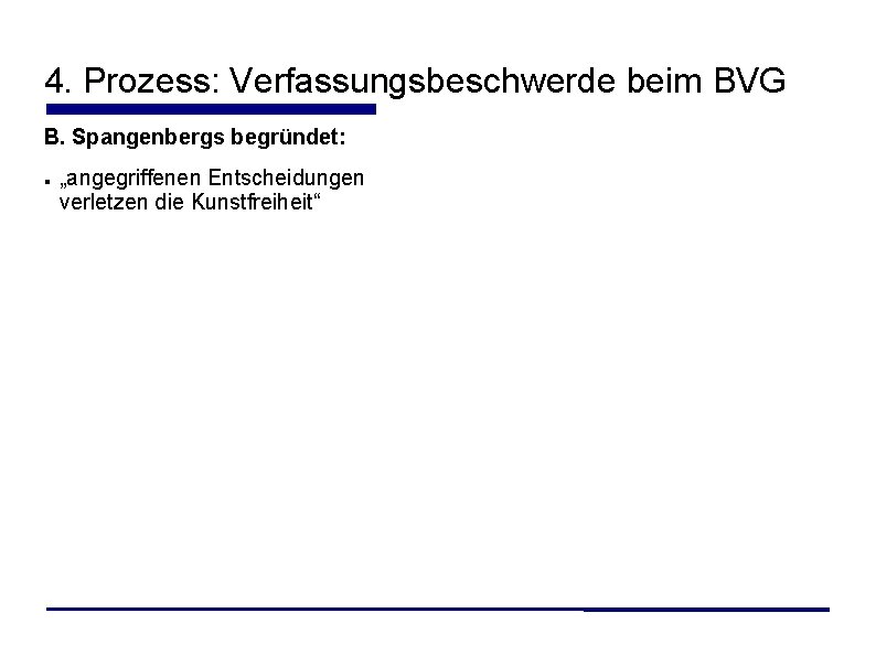 4. Prozess: Verfassungsbeschwerde beim BVG B. Spangenbergs begründet: „angegriffenen Entscheidungen verletzen die Kunstfreiheit“ 
