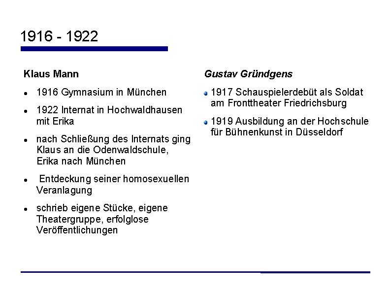 1916 - 1922 Klaus Mann 1916 Gymnasium in München 1922 Internat in Hochwaldhausen mit