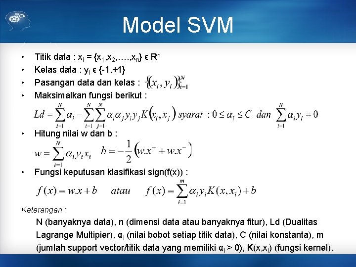 Model SVM • • Titik data : xi = {x 1, x 2, ….