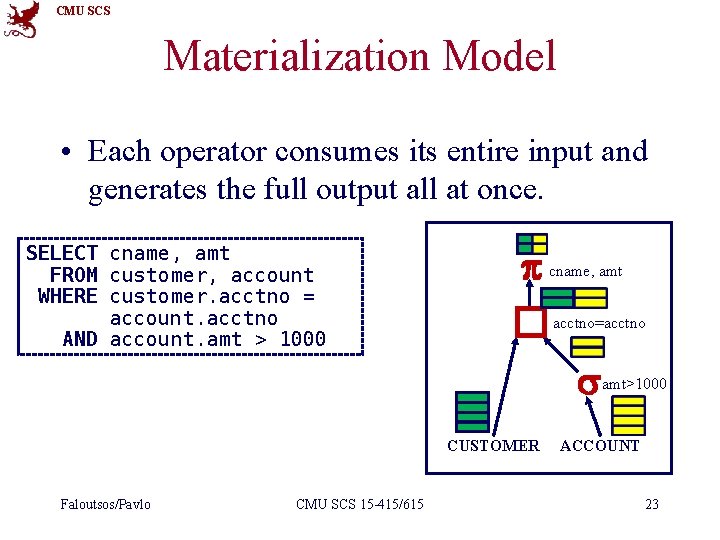 CMU SCS Materialization Model • Each operator consumes its entire input and generates the