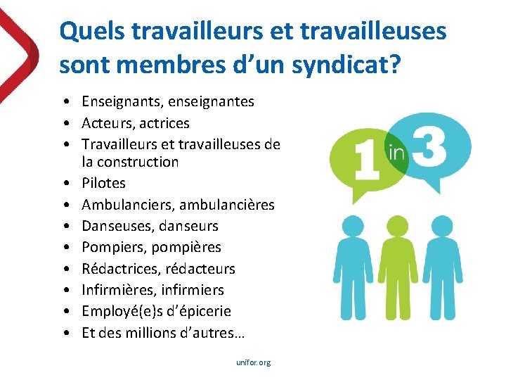 Quels travailleurs et travailleuses sont membres d’un syndicat? • Enseignants, enseignantes • Acteurs, actrices