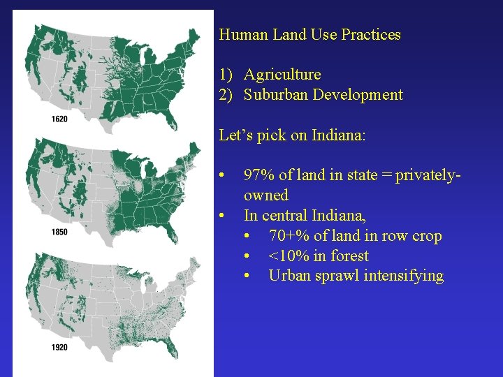 Human Land Use Practices 1) Agriculture 2) Suburban Development Let’s pick on Indiana: •