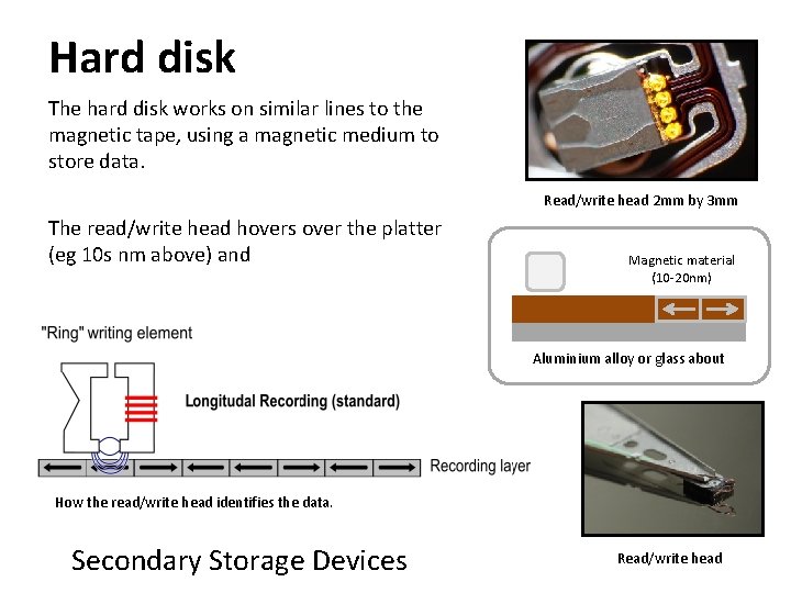 Hard disk The hard disk works on similar lines to the magnetic tape, using