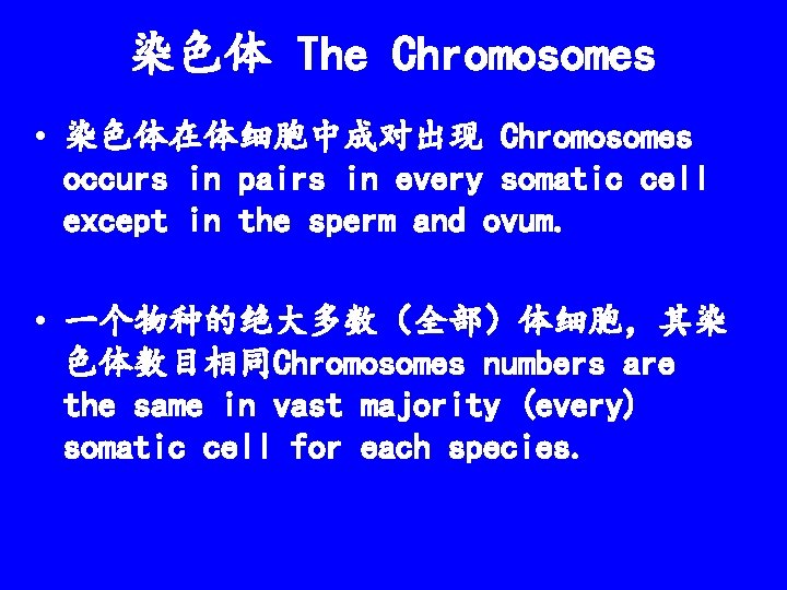 染色体 The Chromosomes • 染色体在体细胞中成对出现 Chromosomes occurs in pairs in every somatic cell except