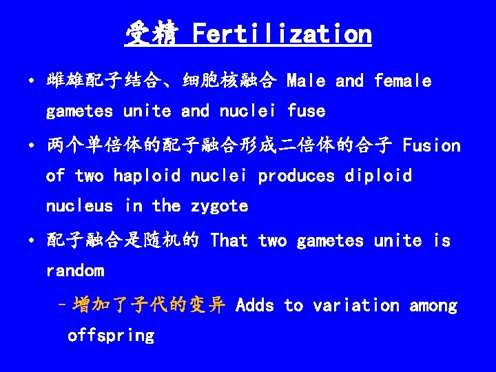 受精 Fertilization • 雌雄配子结合、细胞核融合 Male and female gametes unite and nuclei fuse • 两个单倍体的配子融合形成二倍体的合子