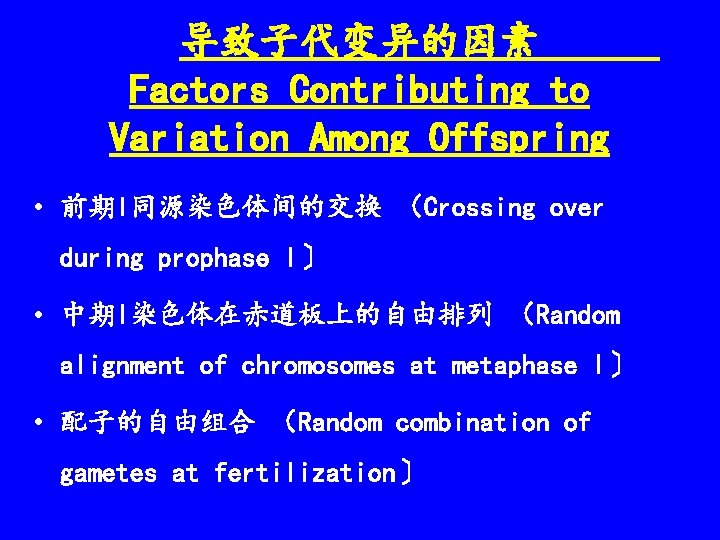 导致子代变异的因素 Factors Contributing to Variation Among Offspring • 前期I同源染色体间的交换 （Crossing over during prophase I〕