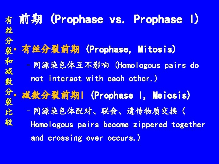 有 前期 (Prophase vs. Prophase I) 丝 分 裂 • 有丝分裂前期 (Prophase, Mitosis) 和