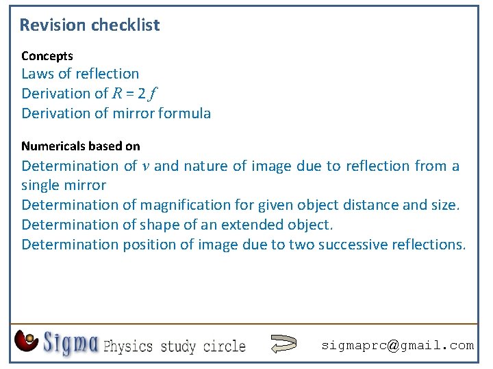 Revision checklist Concepts Laws of reflection Derivation of R = 2 f Derivation of