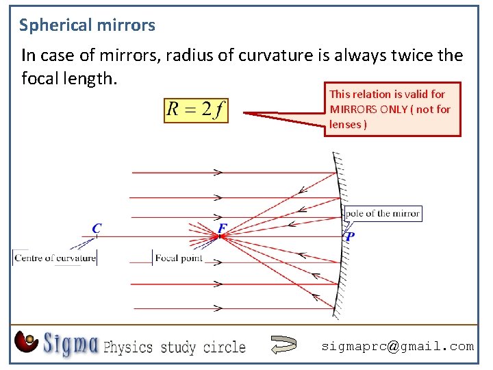 Spherical mirrors In case of mirrors, radius of curvature is always twice the focal