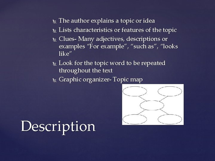  The author explains a topic or idea Lists characteristics or features of the