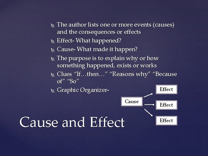  The author lists one or more events (causes) and the consequences or effects