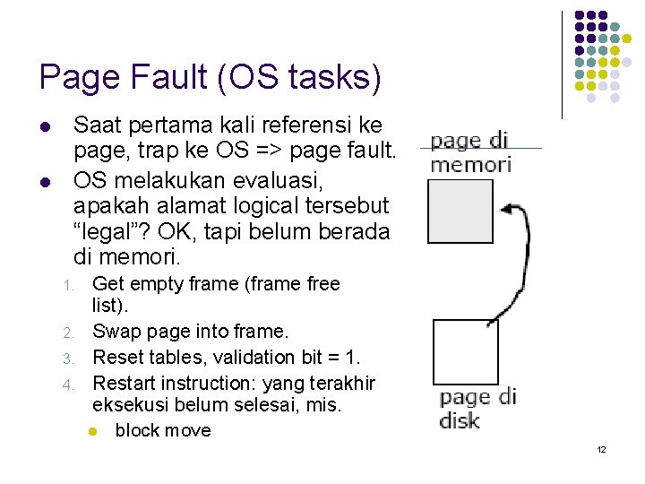 Page Fault (OS tasks) l l Saat pertama kali referensi ke page, trap ke