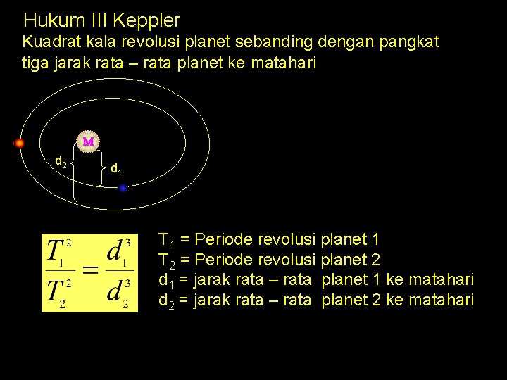 Hukum III Keppler Kuadrat kala revolusi planet sebanding dengan pangkat tiga jarak rata –