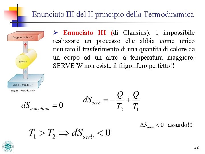 Enunciato III del II principio della Termodinamica Ø Enunciato III (di Clausius): è impossibile