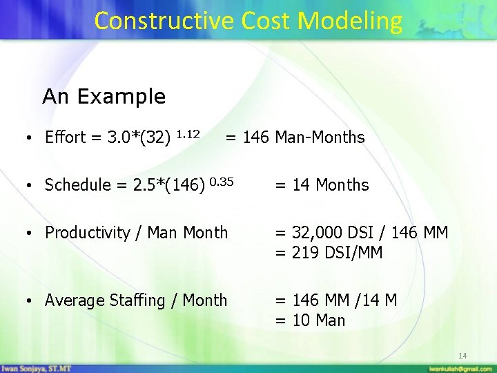 Constructive Cost Modeling An Example • Effort = 3. 0*(32) 1. 12 = 146