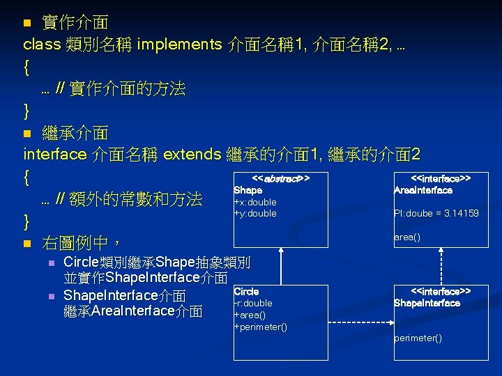 實作介面 class 類別名稱 implements 介面名稱 1, 介面名稱 2, … { … // 實作介面的方法 }