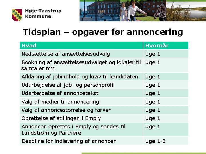 Tidsplan – opgaver før annoncering Hvad Hvornår Nedsættelse af ansættelsesudvalg Uge 1 Bookning af Tidsplan – opgaver før annoncering Hvad Hvornår Nedsættelse af ansættelsesudvalg Uge 1 Bookning af
