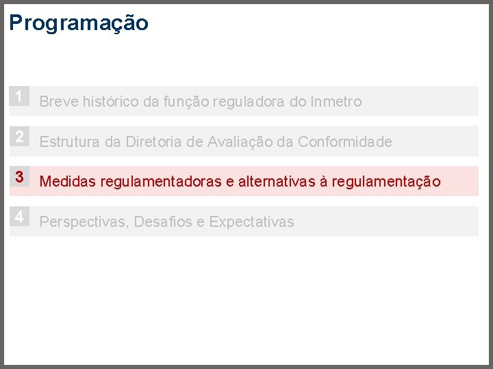 Programação 1 Breve histórico da função reguladora do Inmetro 2 Estrutura da Diretoria de