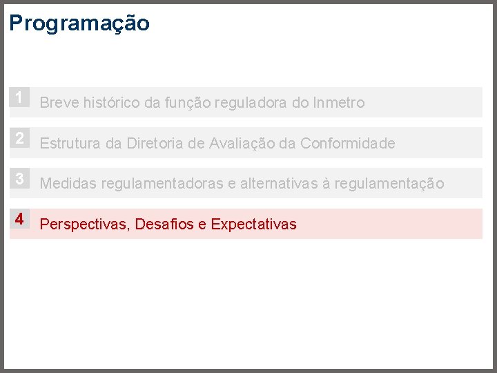 Programação 1 Breve histórico da função reguladora do Inmetro 2 Estrutura da Diretoria de