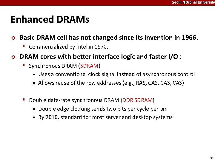 Seoul National University Enhanced DRAMs ¢ Basic DRAM cell has not changed since its