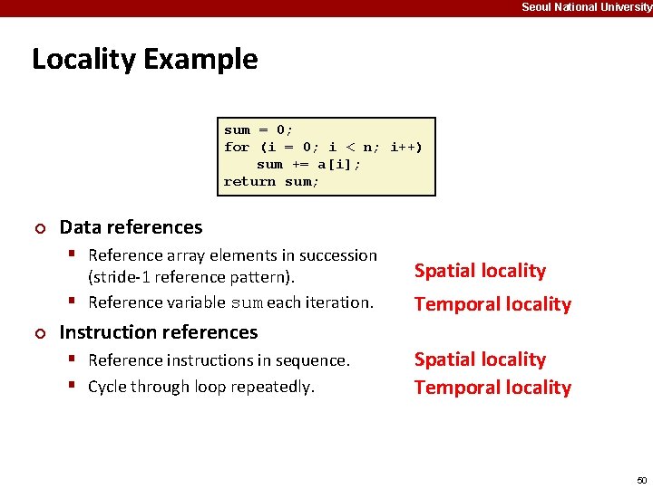 Seoul National University Locality Example sum = 0; for (i = 0; i <