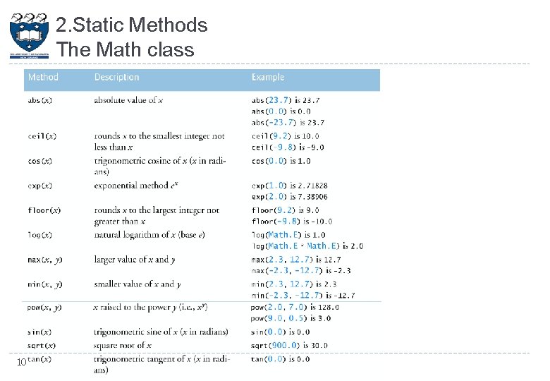 2. Static Methods The Math class 10 