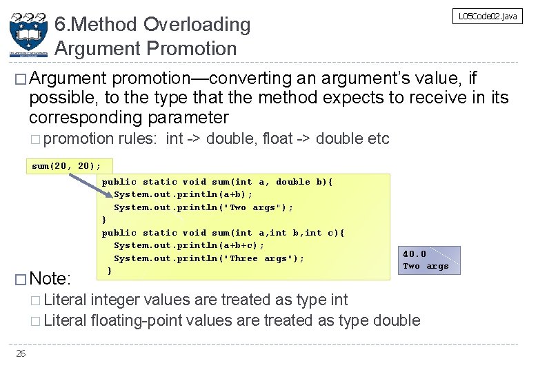 L 05 Code 02. java 6. Method Overloading Argument Promotion � Argument promotion—converting an