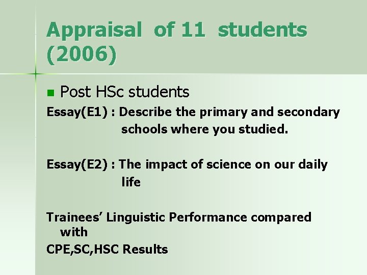 Appraisal of 11 students (2006) n Post HSc students Essay(E 1) : Describe the