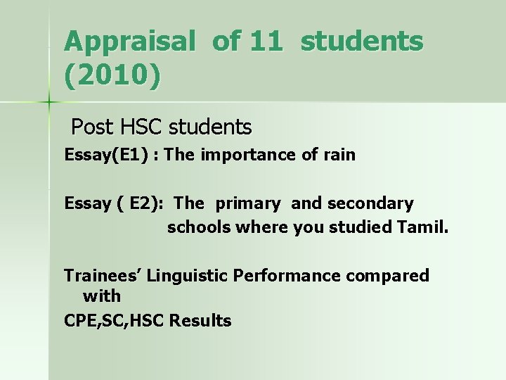 Appraisal of 11 students (2010) Post HSC students Essay(E 1) : The importance of