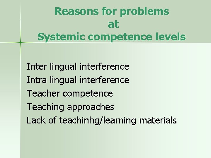 Reasons for problems at Systemic competence levels Inter lingual interference Intra lingual interference Teacher