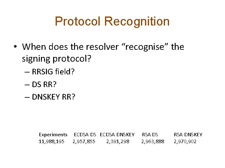 Protocol Recognition • When does the resolver “recognise” the signing protocol? – RRSIG field?