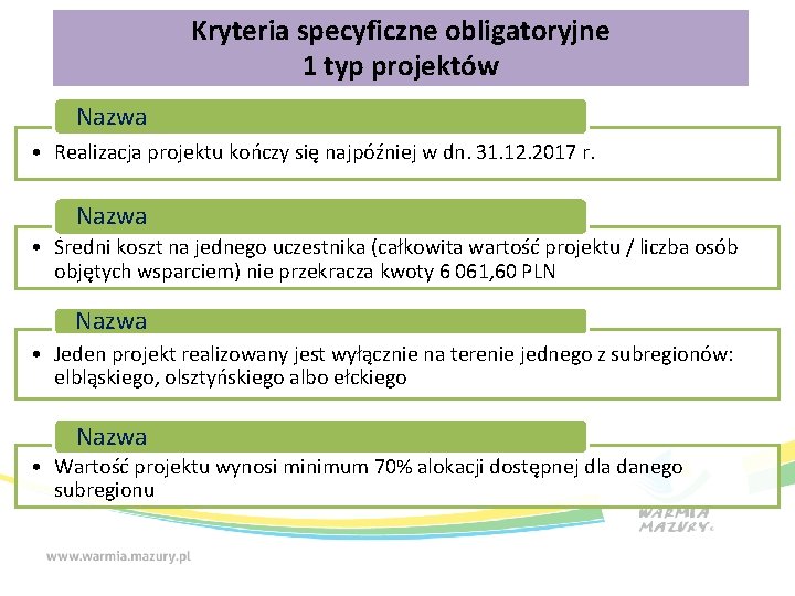 Kryteria specyficzne obligatoryjne 1 typ projektów Nazwa • Realizacja projektu kończy się najpóźniej w