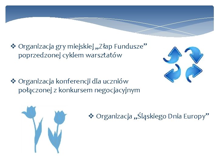 v Organizacja gry miejskiej „Złap Fundusze” poprzedzonej cyklem warsztatów v Organizacja konferencji dla uczniów