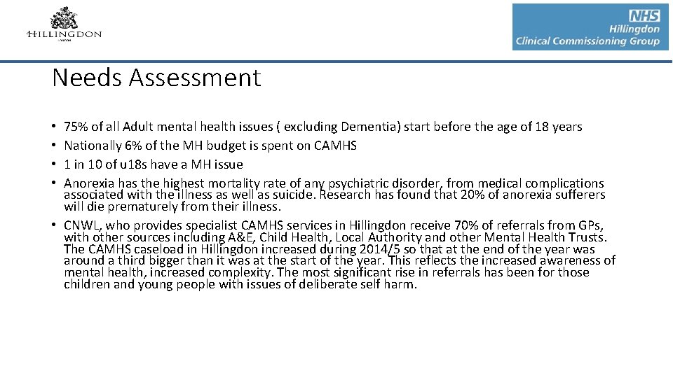 Needs Assessment 75% of all Adult mental health issues ( excluding Dementia) start before Needs Assessment 75% of all Adult mental health issues ( excluding Dementia) start before